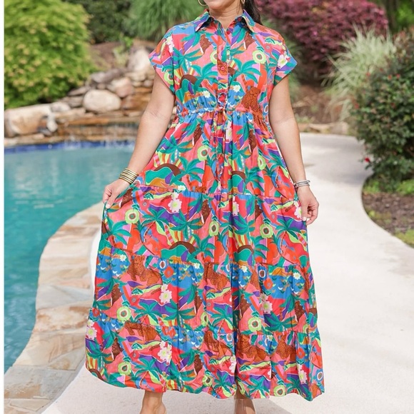 Briton Court Women Tropical Perfection Maxi Gianna Dress Sz Medium Short Sleeve - Picture 1 of 12